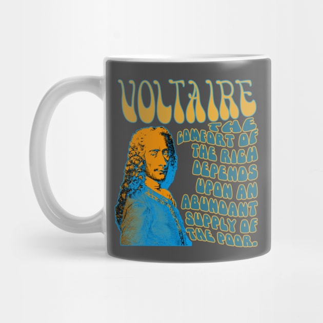 Colourful, bold, original design of Voltaire and a quote by The Rag Trade 2021